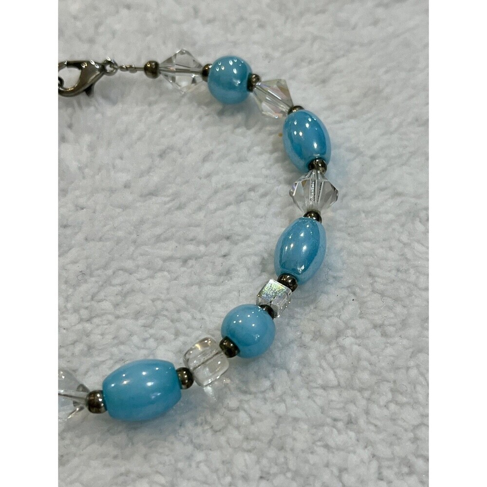Vintage Glass Bead Bracelet 7.5” Long Blue Silver Tone Coastal Beachy - Picture 2 of 6